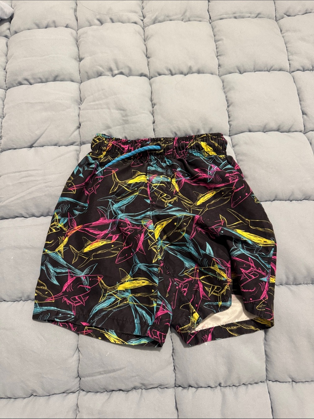 Black Kids Swim Shorts with Neon Fish Print